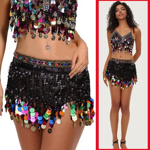 Women Gypsy Costume Belly Dance Outfit Sets Sequin Halter Bra Top-Rainbow Coins Tassel Hip Scarf in Saudi Arabia
