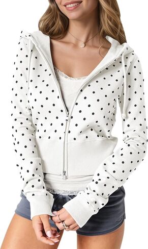 Womens Polka Dot Cropped Zip Up Hoodie Y2k Jacket Fleece Zipper Hooded Sweatshirt Girls Cute Hoodies Streetwear in Saudi Arabia