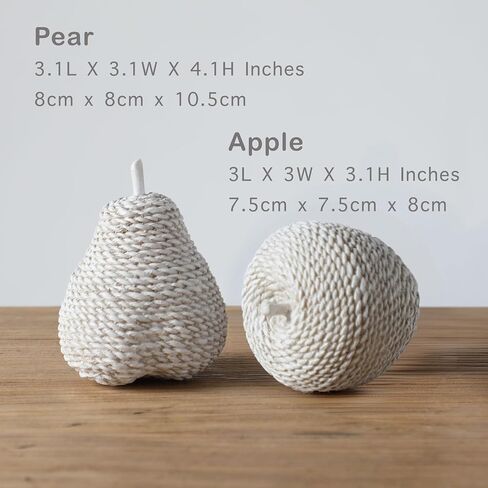 Apple and Pear Figurine Set of 2, Rope-Textured Resin Fruit Ornaments for Shelf Decor, Modern Minimalist Home Décor Accent, Kitchen Counter or Coffee Table Display, Matte White Cream in Saudi Arabia