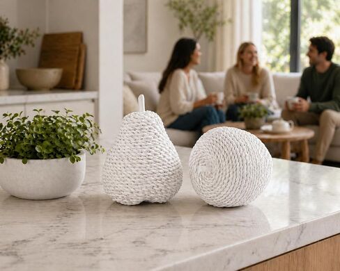 Apple and Pear Figurine Set of 2, Rope-Textured Resin Fruit Ornaments for Shelf Decor, Modern Minimalist Home Décor Accent, Kitchen Counter or Coffee Table Display, Matte White Cream in Saudi Arabia