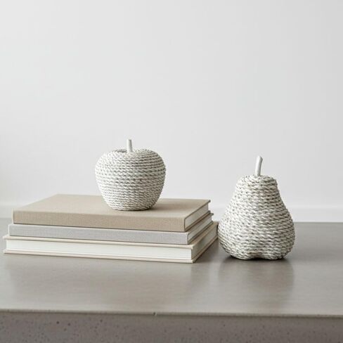 Apple and Pear Figurine Set of 2, Rope-Textured Resin Fruit Ornaments for Shelf Decor, Modern Minimalist Home Décor Accent, Kitchen Counter or Coffee Table Display, Matte White Cream in Saudi Arabia