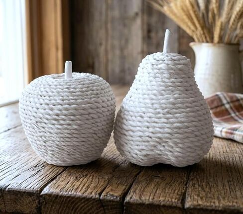 Apple and Pear Figurine Set of 2, Rope-Textured Resin Fruit Ornaments for Shelf Decor, Modern Minimalist Home Décor Accent, Kitchen Counter or Coffee Table Display, Matte White Cream in Saudi Arabia