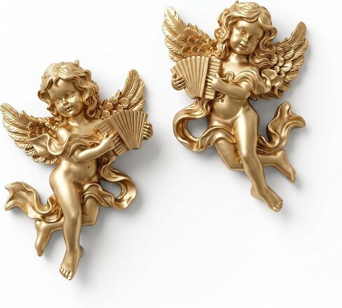 Gold Cherub Wall Decor, Set of 2 Vintage Cupid Sculptures for French Country & Rococo Room Aesthetics, Hand-Finished Resin Angel Wing Reliefs for Living Room, Bedroom (Love) in Saudi Arabia
