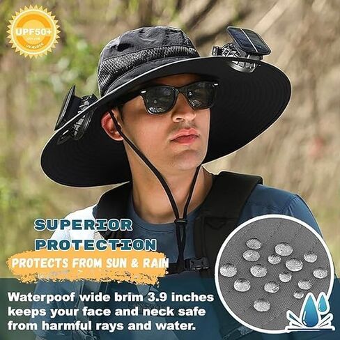 Solar Fan Hat, Outdoor Wide Brim Sun Hat with 2 Solar Fan Sun Bucket Hat for Men Women UPF 50+ Bucket Fishing & Beach Hat in Kuwait