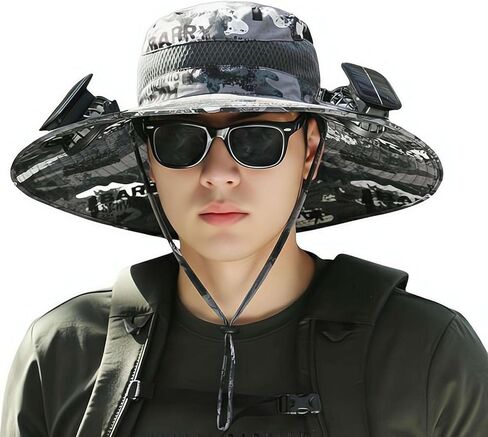 Solar Fan Hat, Outdoor Wide Brim Sun Hat with 2 Solar Fan Sun Bucket Hat for Men Women UPF 50+ Bucket Fishing & Beach Hat in Kuwait