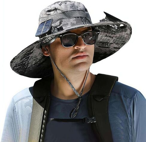 Solar Fan Hat, Outdoor Wide Brim Sun Hat with 2 Solar Fan Sun Bucket Hat for Men Women UPF 50+ Bucket Fishing & Beach Hat in Kuwait