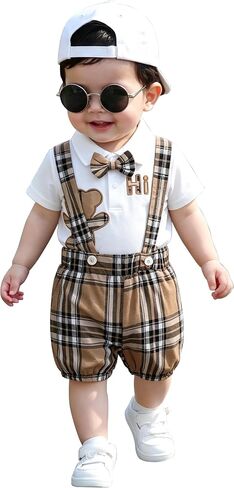 Baby Boy Plaid Shorts 2‑Piece Outfit Short Sleeve Polo Shirt with Bow Tie Embroidery Summer Gentleman Clothes in Saudi Arabia