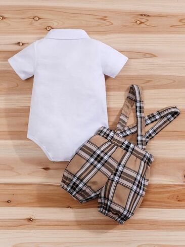 Baby Boy Plaid Shorts 2‑Piece Outfit Short Sleeve Polo Shirt with Bow Tie Embroidery Summer Gentleman Clothes in Saudi Arabia