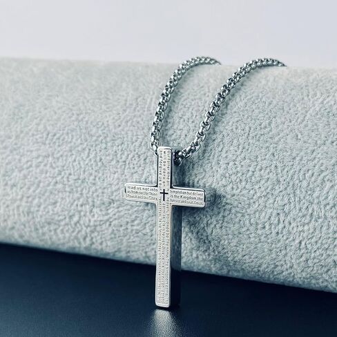Stainless Steel Lord's Prayer Cross Necklace for Men & Women Engraved Pendant with Polish & Matte Dual Finish, 24" Box Chain in Saudi Arabia