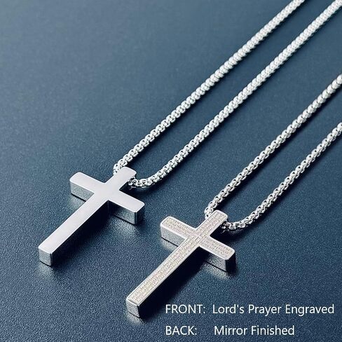 Stainless Steel Lord's Prayer Cross Necklace for Men & Women Engraved Pendant with Polish & Matte Dual Finish, 24" Box Chain in Saudi Arabia