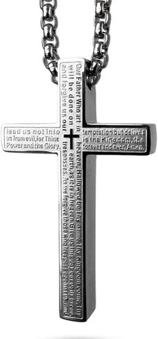 Stainless Steel Lord's Prayer Cross Necklace for Men & Women Engraved Pendant with Polish & Matte Dual Finish, 24" Box Chain in Saudi Arabia
