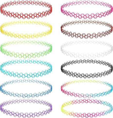 12PC Multicolour Tattoo Choker Necklace, Black Stretchy Elastic Vintage Trendy Y2K Fashion Jewelry, 90s Adjustable Retro Gothic Grunge Aesthetic Necklace, Summer Vacation Color Set in Kuwait