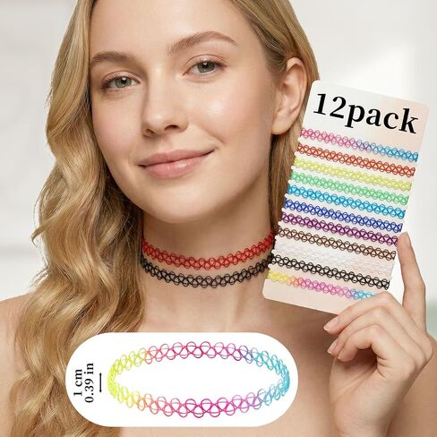 12PC Multicolour Tattoo Choker Necklace, Black Stretchy Elastic Vintage Trendy Y2K Fashion Jewelry, 90s Adjustable Retro Gothic Grunge Aesthetic Necklace, Summer Vacation Color Set in Kuwait