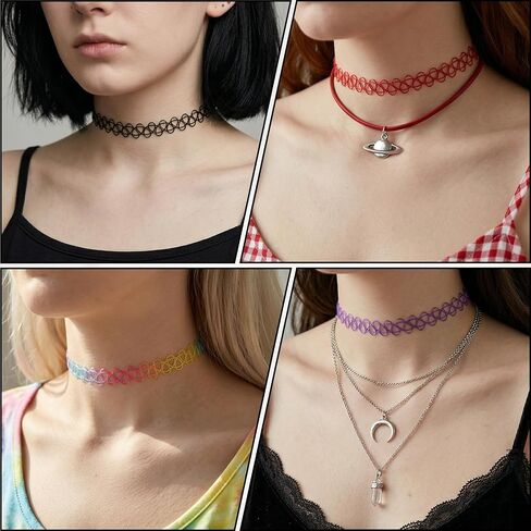 12PC Multicolour Tattoo Choker Necklace, Black Stretchy Elastic Vintage Trendy Y2K Fashion Jewelry, 90s Adjustable Retro Gothic Grunge Aesthetic Necklace, Summer Vacation Color Set in Kuwait