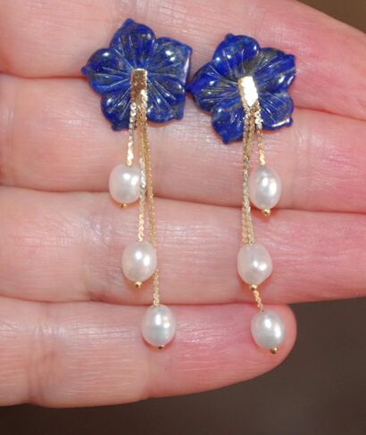 Vintage Gorgeous 15MM Genuine Lapis Carved Flower Jackets For Earrings Use With Any Studs in Kuwait