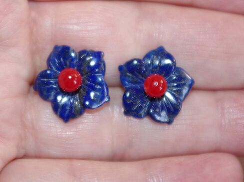 Vintage Gorgeous 15MM Genuine Lapis Carved Flower Jackets For Earrings Use With Any Studs in Kuwait