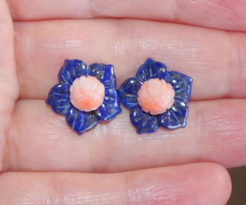 Vintage Gorgeous 15MM Genuine Lapis Carved Flower Jackets For Earrings Use With Any Studs in Kuwait