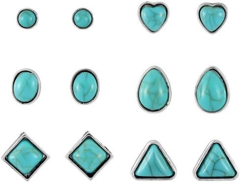 6 Pairs Turquoise Earring Set for Women Vintage Silver Turquoise Square Heart Circle Studs Boho Vintage Jewelry for Women Fashion Accessories Gifts in Saudi Arabia