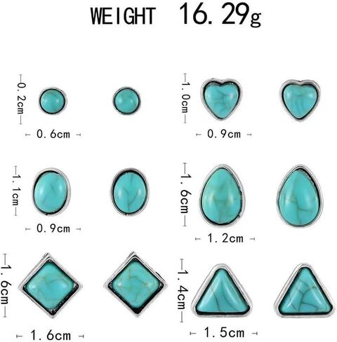 6 Pairs Turquoise Earring Set for Women Vintage Silver Turquoise Square Heart Circle Studs Boho Vintage Jewelry for Women Fashion Accessories Gifts in Saudi Arabia