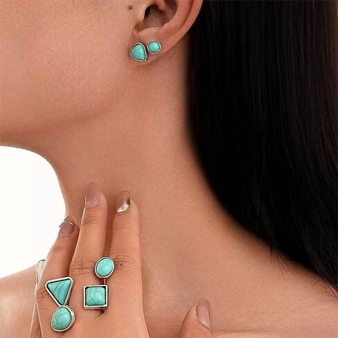 6 Pairs Turquoise Earring Set for Women Vintage Silver Turquoise Square Heart Circle Studs Boho Vintage Jewelry for Women Fashion Accessories Gifts in Saudi Arabia
