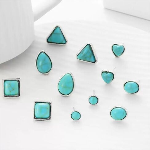 6 Pairs Turquoise Earring Set for Women Vintage Silver Turquoise Square Heart Circle Studs Boho Vintage Jewelry for Women Fashion Accessories Gifts in Saudi Arabia