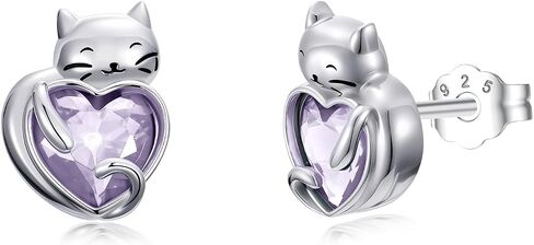 Seiyang 925 Sterling Silver Cat Heart Birthstone Earrings Studs in Kuwait