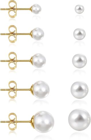 5 Pairs Stud Earrings for Women, Pearl Gold Plated Pearl Ball Jewelry Small Earrings Post Set Cartilage Piercing Lightweight Flatback Jewelry for Her Women Birthday Wedding in Saudi Arabia