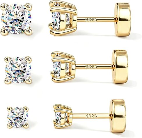 TenKa 3 Pairs 14K Gold Plated Stud Earrings for Women, 925 Sterling Silver Post Flat Back Hypoallergenic Cubic Zirconia Cartilage Earrings, Helix Tragus Piercing Jewelry Small Studs in Kuwait