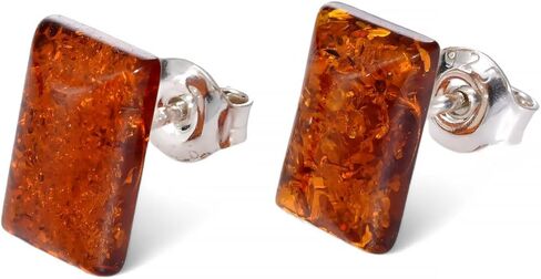 Amber Jewelry for Women - 925 Sterling Silver and Baltic Amber Earrings, Small Rectangular Silver Gemstone Studs - Sterling Silver Jewelry Collection in Saudi Arabia