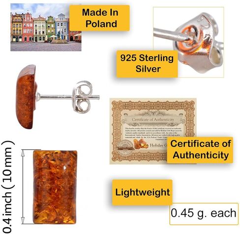 Amber Jewelry for Women - 925 Sterling Silver and Baltic Amber Earrings, Small Rectangular Silver Gemstone Studs - Sterling Silver Jewelry Collection in Saudi Arabia