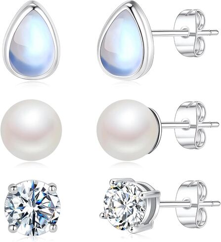 Ailife 3 Pairs Moonstone Earrings Set Cubic Zirconia Pearl Stud Earrings for Women 14K White Gold Plated Opal Tear Drop Earrings Jewelry in Saudi Arabia