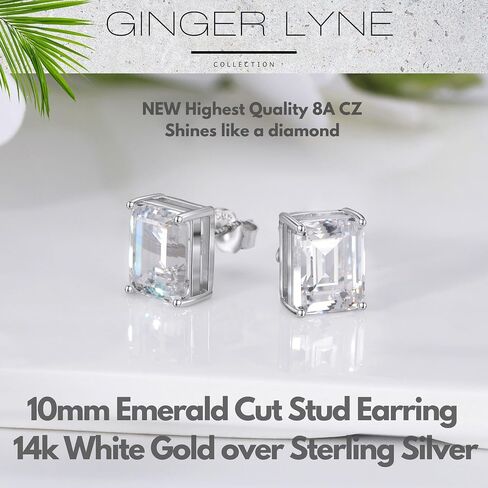 Faux Diamond Stud Earrings For Women 14k White Gold Plated Sterling Silver Cubic Zirconia Earring Studs for Men by Ginger Lyne 10mm 7.5 ct Emerald Cut Small Pierced Minimalist Jewelry in Kuwait