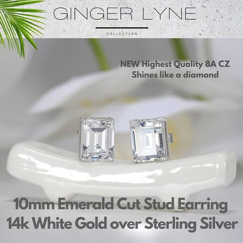 Faux Diamond Stud Earrings For Women 14k White Gold Plated Sterling Silver Cubic Zirconia Earring Studs for Men by Ginger Lyne 10mm 7.5 ct Emerald Cut Small Pierced Minimalist Jewelry in Kuwait
