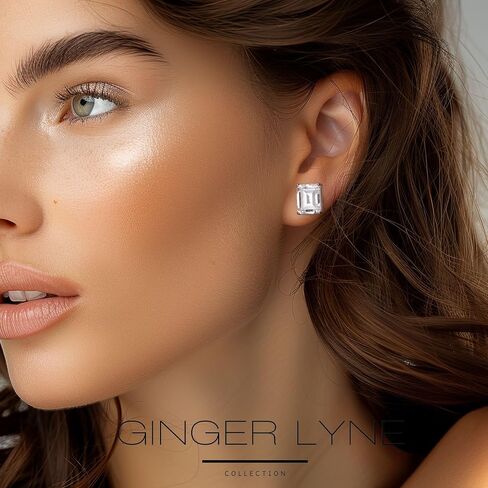 Faux Diamond Stud Earrings For Women 14k White Gold Plated Sterling Silver Cubic Zirconia Earring Studs for Men by Ginger Lyne 10mm 7.5 ct Emerald Cut Small Pierced Minimalist Jewelry in Kuwait
