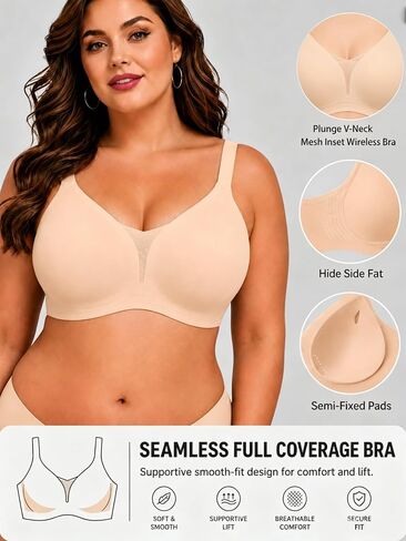 LUCKFOX Women's Jelly Bra, Wireless T-Shirt Bra, Deep V Mesh, Seamless Full Coverage in Kuwait