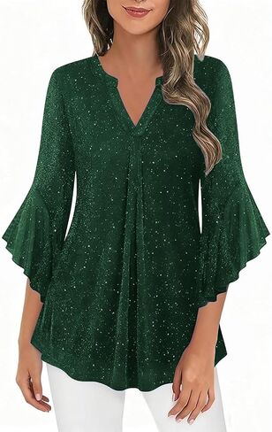 Women Sparkly Tops Dressy Ruffle 3/4 Sleeve Blouses Glitter Cocktail Party Evening Shirt Xmas New Plus Size Clothes in Saudi Arabia