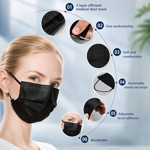 Hyegiir 3 Ply 100 Pack أقنعة الوجه للاستعمال مرة واحدة مغلفة بشكل فردي للحماية اليومية (أسود) in Kuwait