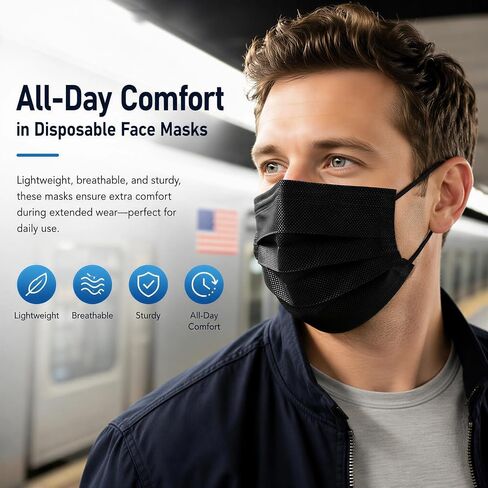 Hyegiir 3 Ply 100 Pack أقنعة الوجه للاستعمال مرة واحدة مغلفة بشكل فردي للحماية اليومية (أسود) in Kuwait
