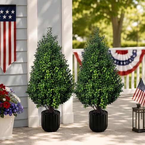 2PACK Artificial Potted Plants Boxwood Topiary Trees Outdoor Indoor with Planter,2.3FT Potted Faux Bushes Evergreen Fake Trees Outside Realistic for 4th of July Porch Offices Garden in Kuwait