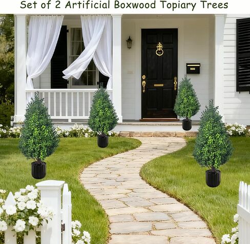 2PACK Artificial Potted Plants Boxwood Topiary Trees Outdoor Indoor with Planter,2.3FT Potted Faux Bushes Evergreen Fake Trees Outside Realistic for 4th of July Porch Offices Garden in Kuwait