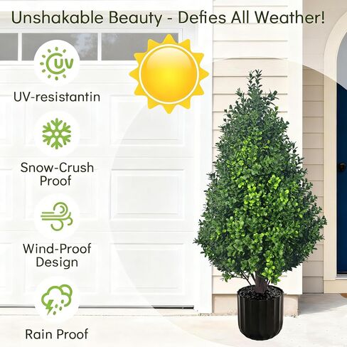 2PACK Artificial Potted Plants Boxwood Topiary Trees Outdoor Indoor with Planter,2.3FT Potted Faux Bushes Evergreen Fake Trees Outside Realistic for 4th of July Porch Offices Garden in Kuwait