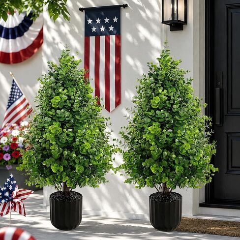 2PACK Artificial Potted Plants Boxwood Topiary Trees Outdoor Indoor with Planter,2.3FT Potted Faux Bushes Evergreen Fake Trees Outside Realistic for 4th of July Porch Offices Garden in Kuwait