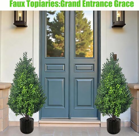 2PACK Artificial Potted Plants Boxwood Topiary Trees Outdoor Indoor with Planter,2.3FT Potted Faux Bushes Evergreen Fake Trees Outside Realistic for 4th of July Porch Offices Garden in Kuwait