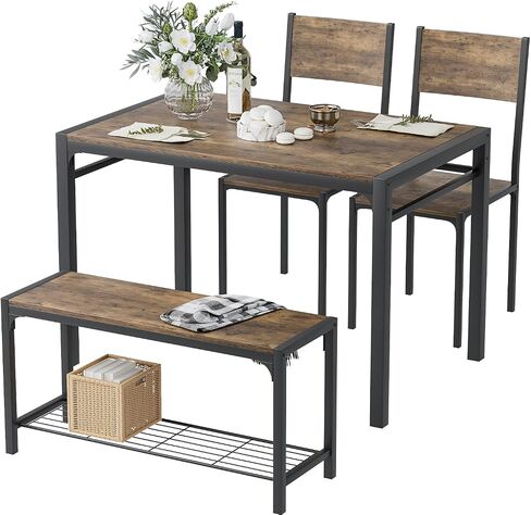 Shahoo 3-Piece Wooden Dining Table Set, Kitchen Breakfast Nook Sets with 2 Chairs & Round Tabletop, Space Saving Furniture Metal Frame and Built-in Wine Rack, Marble White & Black in Kuwait
