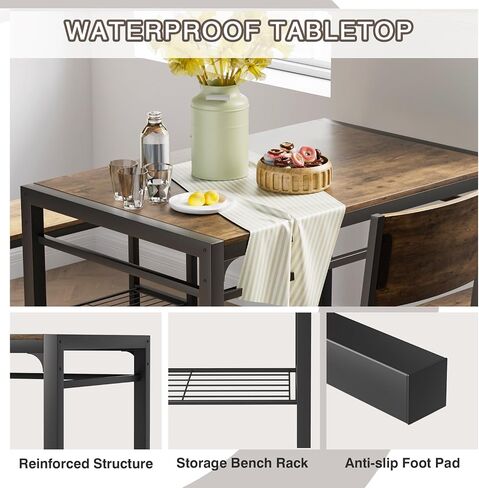 Shahoo 3-Piece Wooden Dining Table Set, Kitchen Breakfast Nook Sets with 2 Chairs & Round Tabletop, Space Saving Furniture Metal Frame and Built-in Wine Rack, Marble White & Black in Kuwait