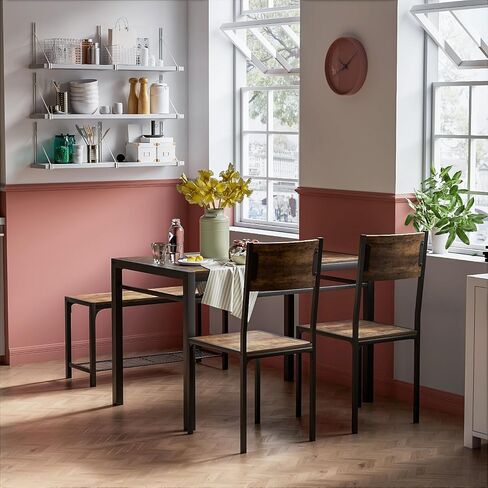 Shahoo 3-Piece Wooden Dining Table Set, Kitchen Breakfast Nook Sets with 2 Chairs & Round Tabletop, Space Saving Furniture Metal Frame and Built-in Wine Rack, Marble White & Black in Kuwait