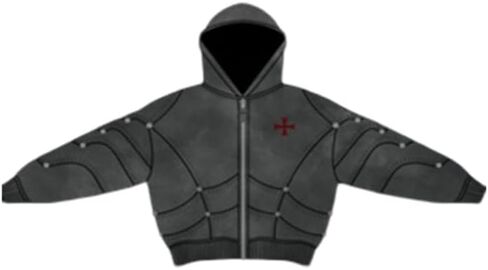 SAINT KAIZEN Crusader Armor Hoodie - 420 GSM Sweatshirt with Raw-Edge Patchwork Cross, Layered Sleeve Paneling, Acid Wash in Saudi Arabia
