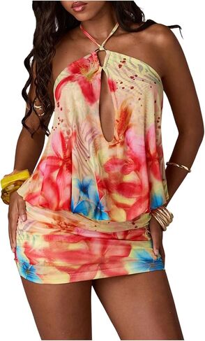 WDIRARA Women's Floral Bodycon Halter Mini Dress Sleeveless Tie Back Vacation Dresses with Built in Shorts in Kuwait
