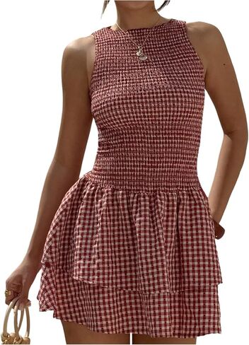 GORGLITTER Women's Gingham Mini Dress Cute Tiered Ruffle Hem Smocked Plaid A Line Vacation Short Tank Dresses in Saudi Arabia