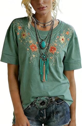 Women's Floral Embroidered Crew Neck Short Sleeve Casual Cotton Blend T-Shirt in Saudi Arabia